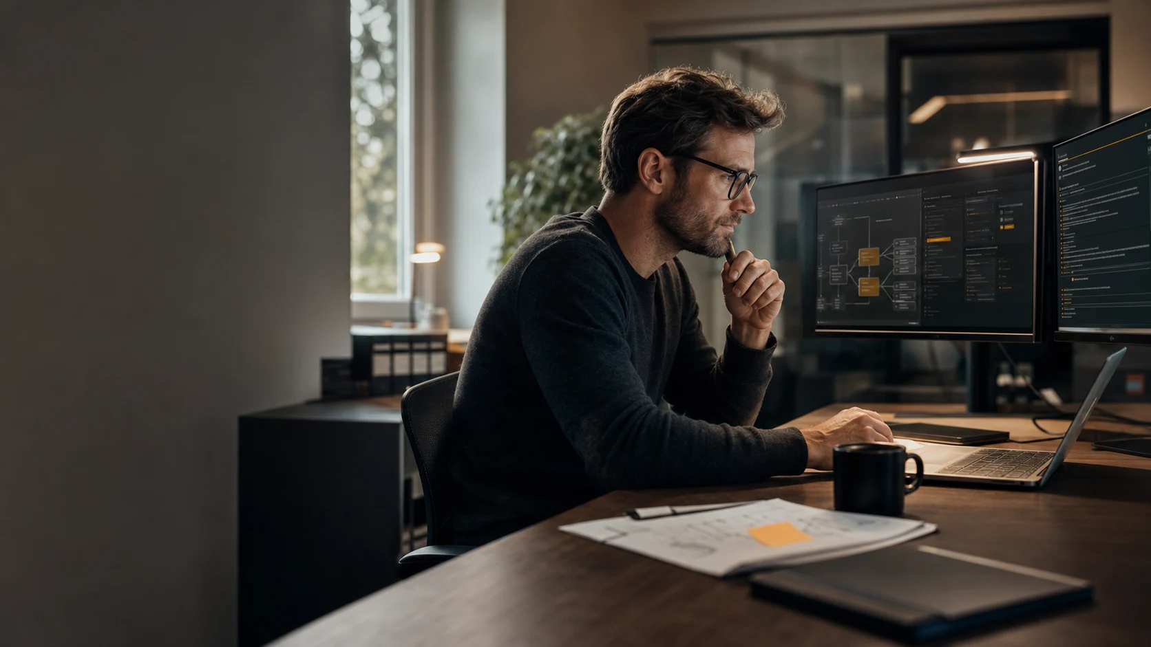 Deutscher Knowledge Worker im Mittelstands-Büro mit KI-unterstütztem Workflow auf zwei Bildschirmen — Claude-Power-User als Hero zum Anthropic Economic Index