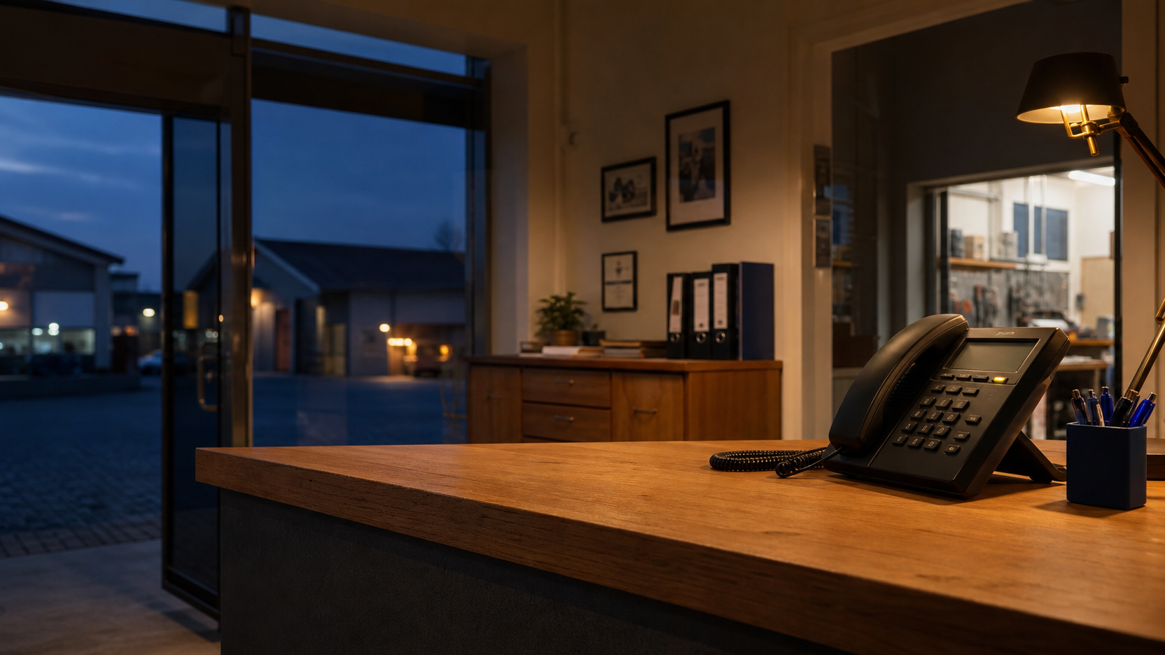 Proaktive KI im Hintergrund — leeres Büro, Telefon hellbeleuchtet, jemand kümmert sich auch wenn niemand da ist