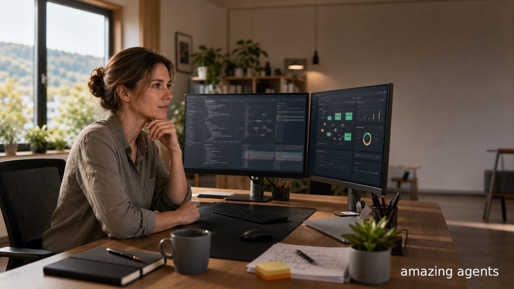 Software-Entwicklerin prüft KI-generierten Code am Arbeitsplatz — Mensch als Architekt und Prüfer autonomer Softwareentwicklung