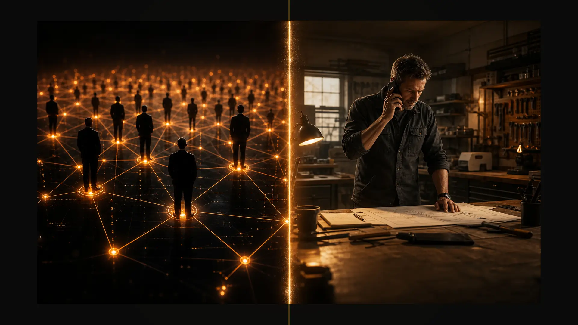 OpenAI Partner Network mit vielen vernetzten Beratern links und einem einzelnen Umsetzer im Mittelstand rechts
