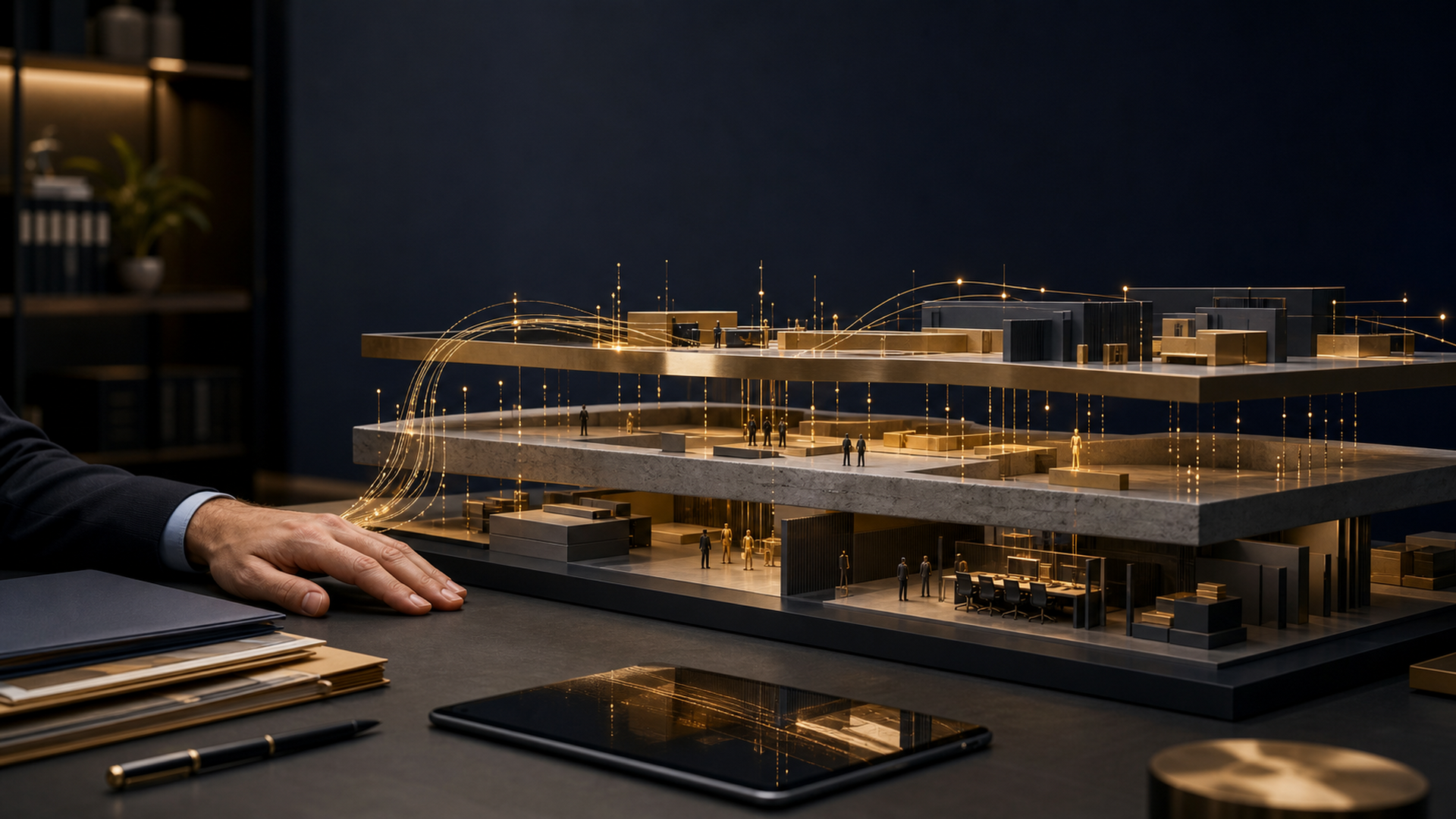 Hand auf dunklem Schreibtisch vor einer architektonischen KI-Arbeitslandschaft mit goldenen Datenpfaden als ruhige Metapher für das Zusammenspiel von Mensch und Routinearbeit