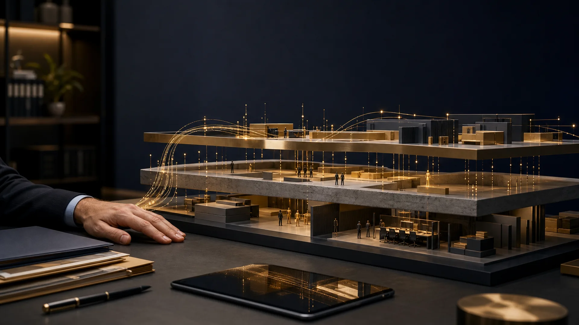 Hand auf dunklem Schreibtisch vor einer architektonischen KI-Arbeitslandschaft mit goldenen Datenpfaden als ruhige Metapher für das Zusammenspiel von Mensch und Routinearbeit