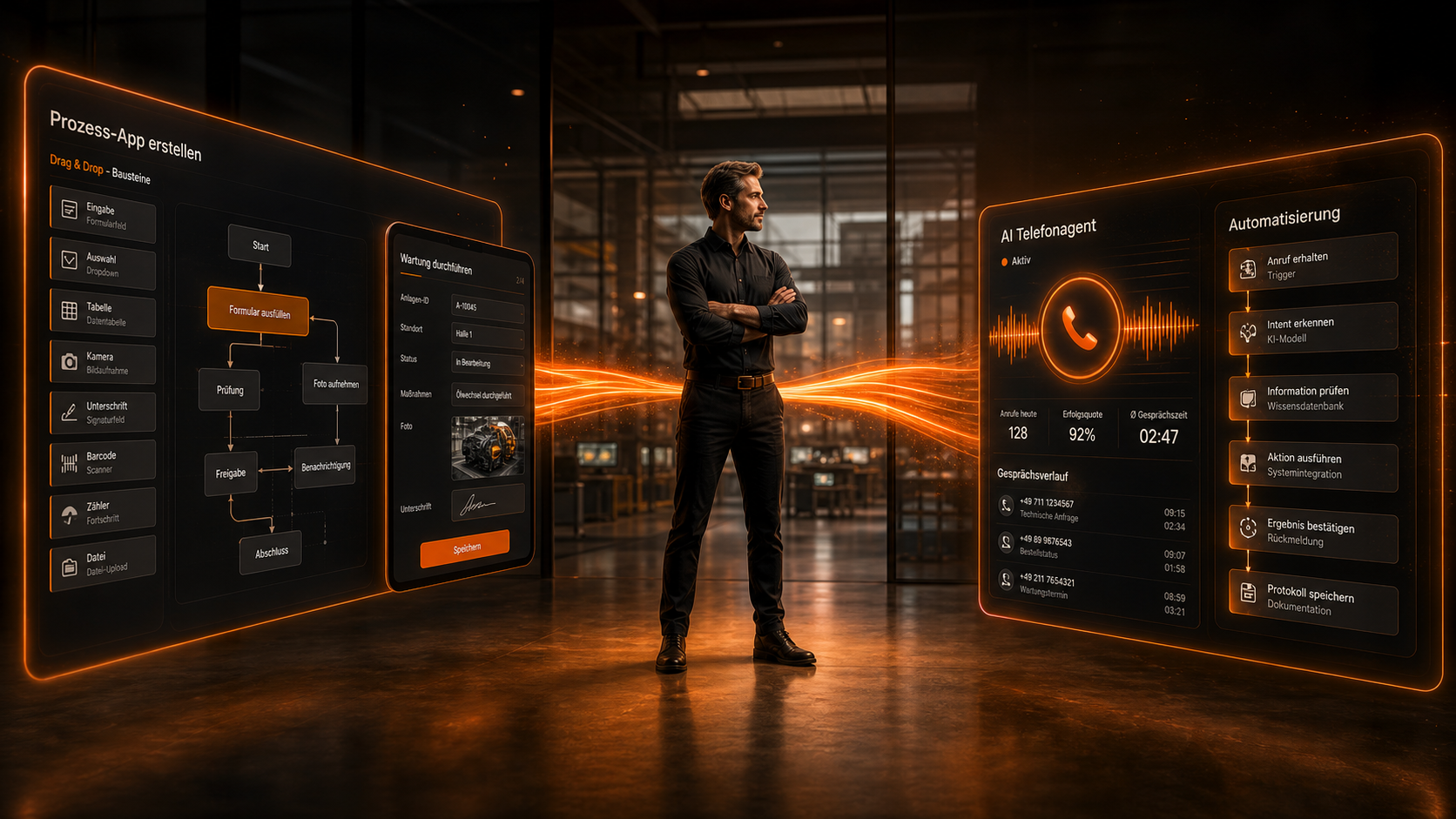 smapOne No-Code Plattform und KI-Telefonagent — Digitalisierungskette im Mittelstand: Klemmbrett, App, Telefonagent